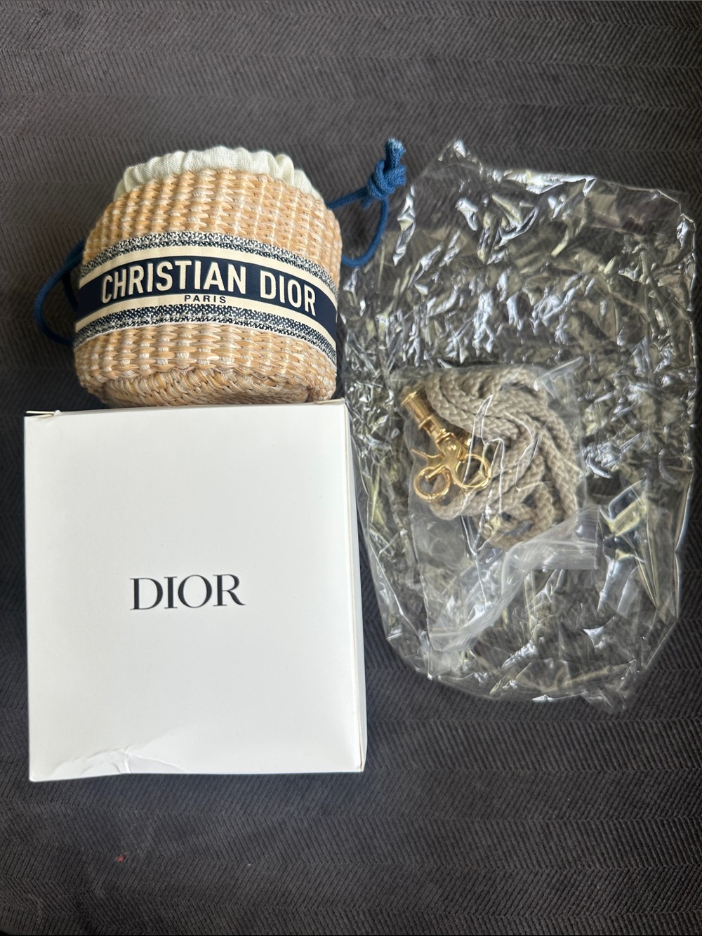 Dior Straw Drawstring Pouch with Navy Logo Band - Beige & Navy mini